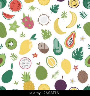 Vector seamless pattern with tropical fruit and berries with slices and halves. Jungle foliage background. Hand drawn flat exotic plants texture. Brig Stock Vector