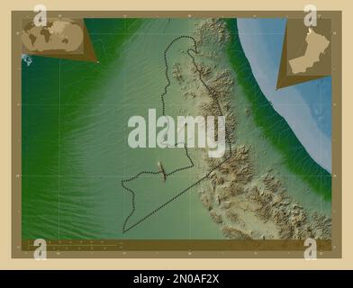 Al Buraymi, region of Oman. Colored elevation map with lakes and rivers. Locations of major cities of the region. Corner auxiliary location maps Stock Photo