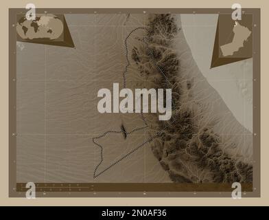 Al Buraymi, region of Oman. Elevation map colored in sepia tones with lakes and rivers. Corner auxiliary location maps Stock Photo