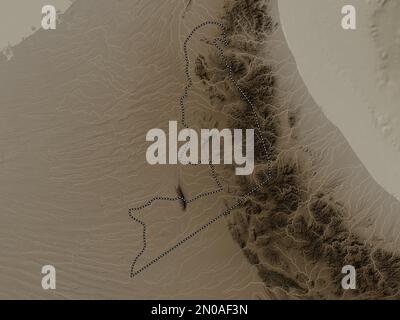 Al Buraymi, region of Oman. Elevation map colored in sepia tones with lakes and rivers Stock Photo