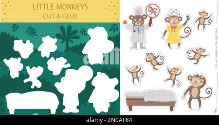 Vector summer cut and glue activity with five little monkeys. Tropical educational nursery rhyme crafting game with cute animal characters. Printable Stock Vector