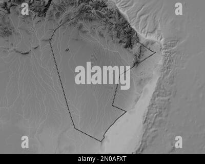 Ash Sharqiyah North, region of Oman. Grayscale elevation map with lakes and rivers Stock Photo