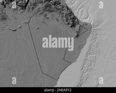 Ash Sharqiyah North, region of Oman. Bilevel elevation map with lakes and rivers Stock Photo