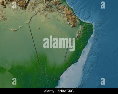 Ash Sharqiyah North, region of Oman. Colored elevation map with lakes and rivers Stock Photo