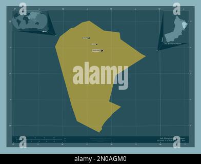 Ash Sharqiyah North, region of Oman. Solid color shape. Locations and names of major cities of the region. Corner auxiliary location maps Stock Photo