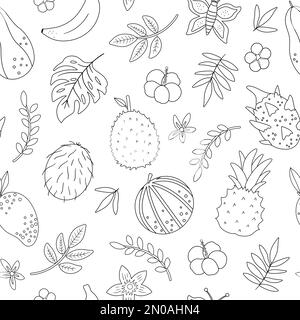 Vector tropical black and white seamless pattern with fruit, flowers and leaves. Jungle foliage and florals digital paper. Hand drawn exotic plants ba Stock Vector