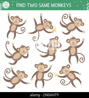 Find two same monkeys. Tropical matching activity for preschool children with cute animals. Funny jungle puzzle for kids. Logical quiz worksheet. Simp Stock Vector