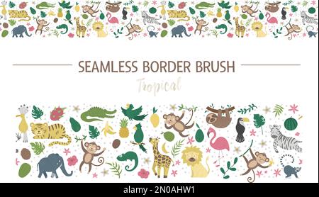 Vector seamless pattern brush with cute exotic animals, leaves, flowers, fruits. Funny tropical border background with birds and plants. Jungle summer Stock Vector