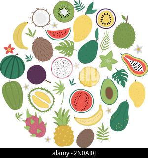 Vector round frame with tropical fruit and berries with slices and halves. Jungle foliage banner design framed in circle. Cute funny card template wit Stock Vector