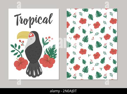 Set of vector summer pre-made designs with tropical bird, plants and flowers. Funny exotic gift card templates with cute jungle characters. Toucan wit Stock Vector