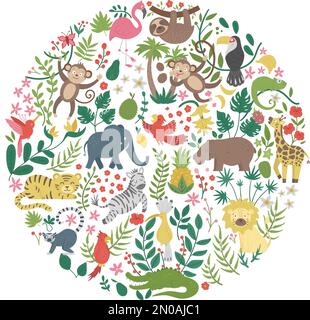Vector round frame with cute exotic animals, leaves, flowers, fruits isolated on white background. Funny banner design with tropical birds and plants. Stock Vector