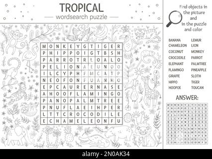 Vector summer wordsearch puzzle. Keyword with tropical animals and birds for children. Educational black and white jungle crossword activity with cute Stock Vector