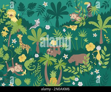ector background with cute exotic animals, leaves, flowers, fruits. Funny tropical scene with birds and plants. Bright flat illustration for children. Stock Vector