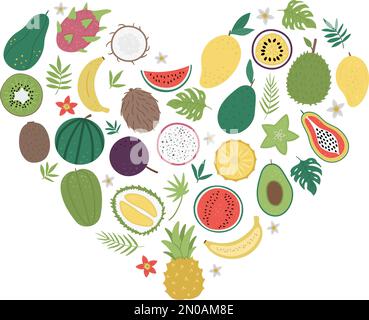 Vector frame with tropical fruit and berries with slices and halves. Jungle foliage banner design framed in heart shape. Cute funny card template with Stock Vector