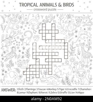 Vector summer crossword puzzle. Quiz with tropical animals and birds for children. Educational black and white jungle activity with cute funny charact Stock Vector