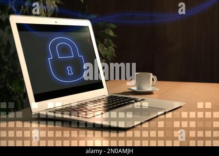 Cyber attack protection. Laptop with lock illustration on screen Stock Photo