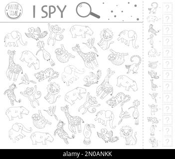 Tropical I spy game. Exotic searching and counting activity for preschool children with cute animals. Funny black and white jungle printable worksheet Stock Vector