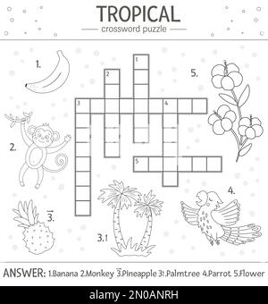 Vector summer crossword puzzle. Quiz with tropical elements for children. Educational black and white jungle activity with cute funny characters. Fun Stock Vector