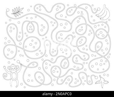 Tropical maze for children. Preschool exotic activity. Funny black and white jungle puzzle. Help the monkey get to the bananas game. Fun coloring page Stock Vector