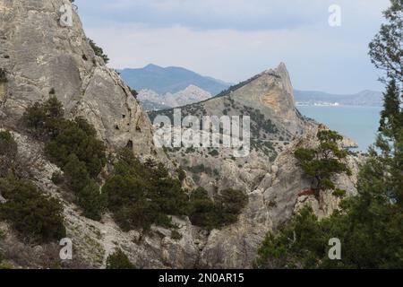 Top view of Mount Koba-Kaya from Karaul-Oba mountain in spring. Crimea Stock Photo