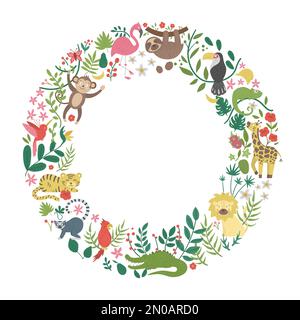 Vector round frame with cute exotic animals, leaves, flowers, fruits isolated on white background. Funny banner design with tropical birds and plants. Stock Vector