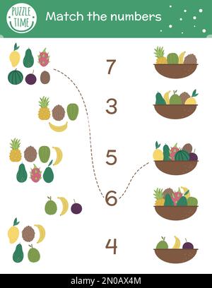 Matching game with baskets and exotic fruits. Tropical math activity for preschool children. Tropic counting worksheet. Educational riddle with cute f Stock Vector