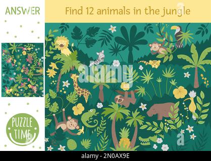 Tropical searching game for children with cute funny characters. Find hidden animals and birds in the jungle. Simple summer game. Stock Vector