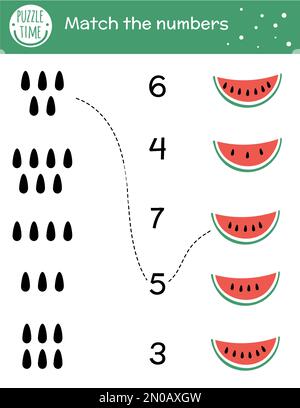 Matching game with watermelon slice and seeds. Summer math activity for preschool children. Tropical counting worksheet. Educational printable with cu Stock Vector