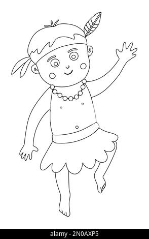 Vector flat African or Papuan boy outline. Cute tropical, jungle, exotic summer character. Funny black and white illustration of a child with beads, f Stock Vector