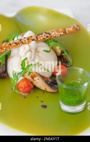 Close-up of burrata cheese salad with mushrooms, cherry tomatoes, arugula, a bread stick with sesame seeds, salsa verde. Meal on a neon green plate. Stock Photo