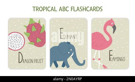 Colorful alphabet letters D, E, F. Phonics flashcard with tropical animals, birds, fruit, plants. Cute educational jungle ABC cards for teaching readi Stock Vector