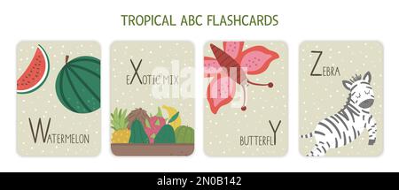 Colorful alphabet letters W, X, Y, Z. Phonics flashcard with tropical animals, birds, fruit, plants. Cute educational jungle ABC cards for teaching re Stock Vector