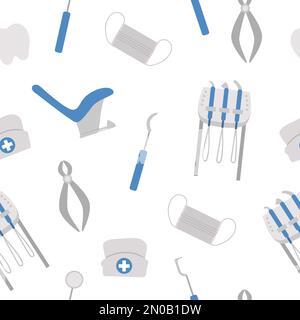 Dentist equipment seamless pattern. Tooth care tools background. Elements for healthy teeth. Dentistry digital paper. Teeth treatment illustration. Stock Vector