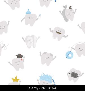 Seamless pattern with cute kawaii teeth. Vector background with tooth icons for children design. Funny dental care digital paper for kids. Dentist bab Stock Vector