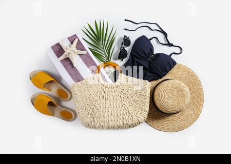 Composition with stylish beach accessories on white background, top view Stock Photo