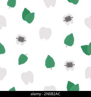 Seamless pattern with tooth, braces, mint leaves. Vector teeth background. Funny dental care digital paper. Dentist clinic texture with mouth hygiene Stock Vector