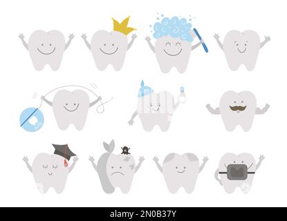 Set of cute kawaii teeth. Vector collection of tooth icons for children design. Funny dental care picture for kids. Dentist baby clinic clipart with m Stock Vector