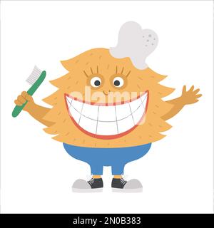 Cute toothy monster with broad smile. Funny character holding toothbrush. Creature with healthy teeth for kids. Dental care picture for children. Dent Stock Vector