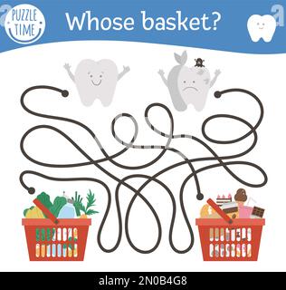 Dental care maze with cute teeth and different products in shopping baskets. Preschool tooth care activity. Cute mouth hygiene educational game for ki Stock Vector