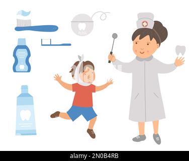 Dentist and ill kid patient vector illustration. Cute teeth doctor and dental care tools for kids. Mouth hygiene picture for children. Tooth treatment Stock Vector