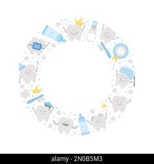 Vector round frame with cute teeth. Wreath card template with kawaii funny smiling toothbrush, baby, molar, toothpaste, tooth. Funny dental care pictu Stock Vector