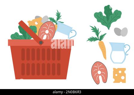 Vector red shopping basket with products icon isolated on white background. Plastic shop cart with vegetables, fish, dairy milk products. Healthy food Stock Vector