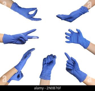 Protect your hands - wear rubber gloves. Photos in collage on white background Stock Photo