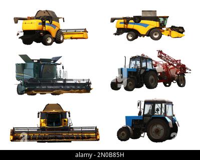 Set of different agricultural machinery on white background Stock Photo