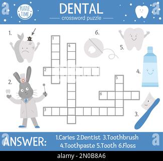 Vector dental care crossword puzzle. Mouth hygiene quiz for children. Educational medical activity with cute dentist, tooth, toothbrush, toothpaste, f Stock Vector