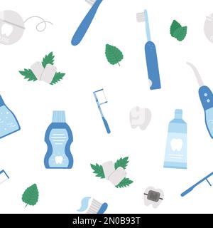 Tooth care tools vector seamless pattern. Repeat background with elements for cleaning teeth. Dentistry equipment texture. Toothpaste, brush, floss il Stock Vector