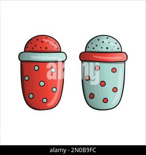 Vector colored salt and pepper shakers. Kitchen tool icon isolated on white background. Cartoon style cooking equipment. Crockery vector illustration Stock Vector