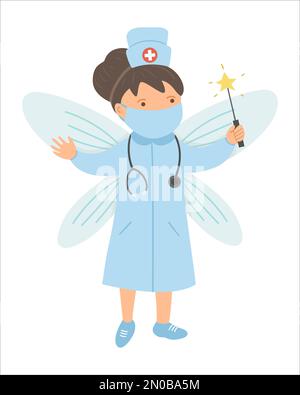 Vector woman medic in medical hat and mask with stethoscope, wings and magic wand. Cute funny hospital or clinic character. Doctor fairy concept. Coro Stock Vector