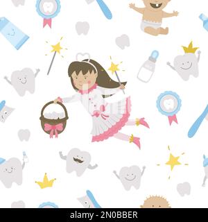 Cute tooth fairy seamless pattern. Kawaii fantasy princess background with funny smiling toothbrush, baby, molar, milk bottle, medal, toothpaste, teet Stock Vector