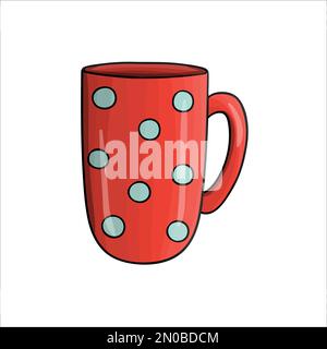 Coffee mug cartoon icon. Colored tea cup vector illustration. Linear art red polka dot crockery isolated on white background. Doodle style kitchen cro Stock Vector